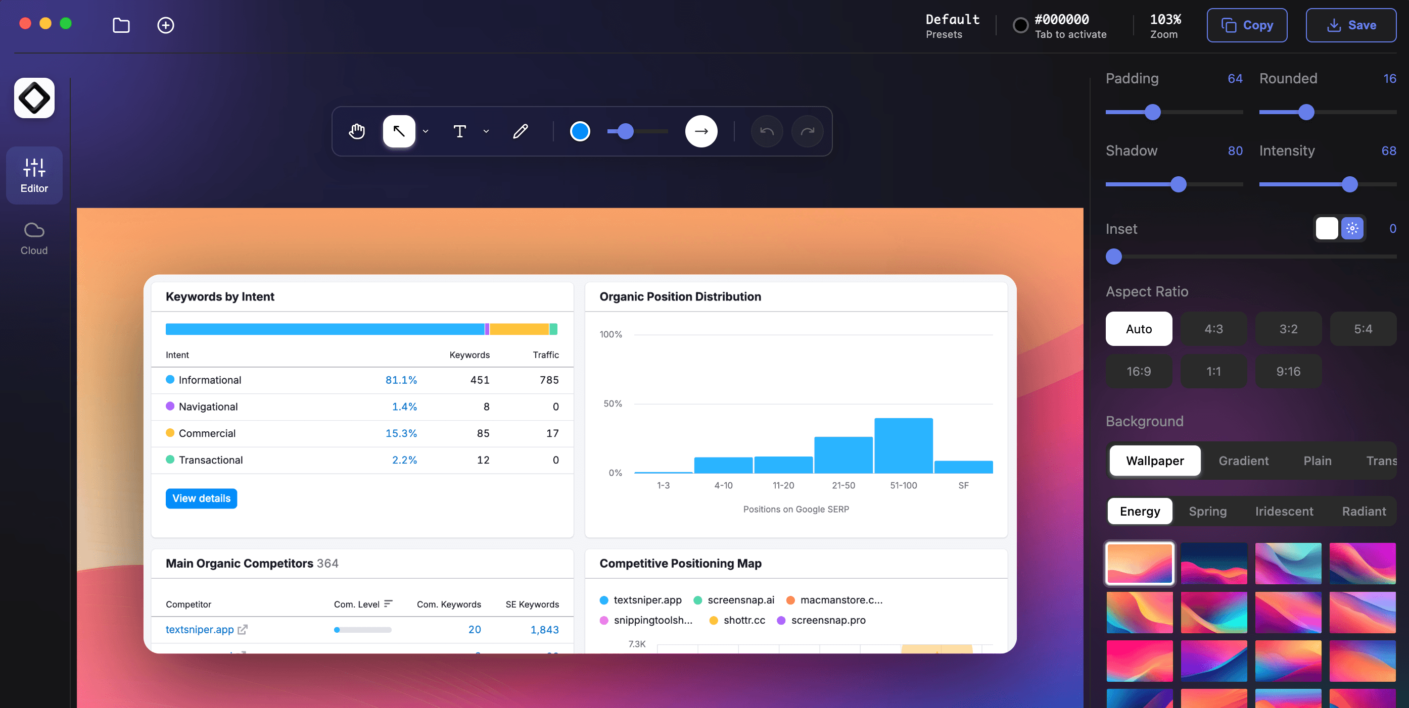 ScreenSnap Pro editor interface with wallpaper backgrounds and screenshot styling controls