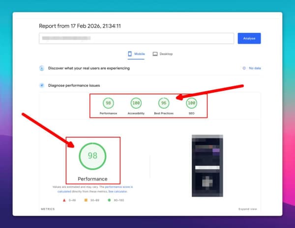 Screenshot of Lighthouse performance report with red rectangle and arrow annotations — made with ScreenSnap Pro
