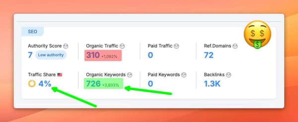 Screenshot of SEO dashboard with arrow annotations and emoji — made with ScreenSnap Pro